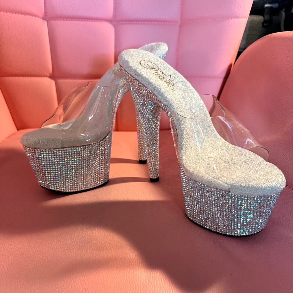 Pleaser 7" Bejeweled #701- Clear & Silver Rhinestones Slides - Size 9